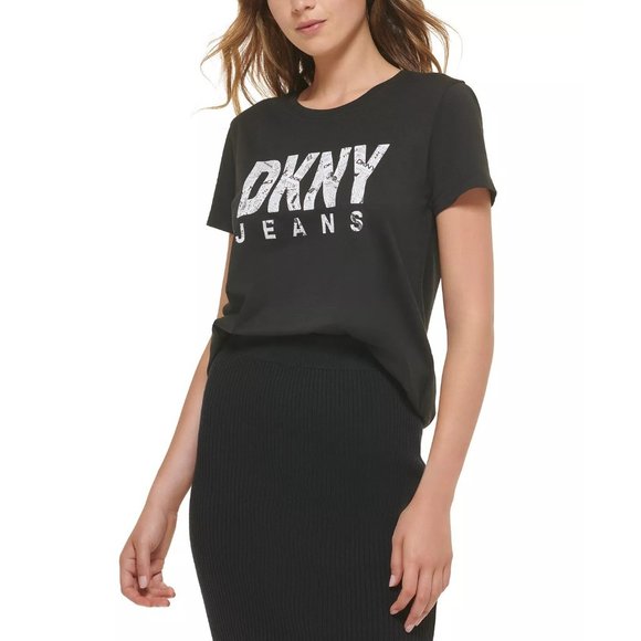 Dkny Jeans Women's Newpaper Logo Short Sleeve T-Shirt Black Size XS NWT - Picture 4 of 6